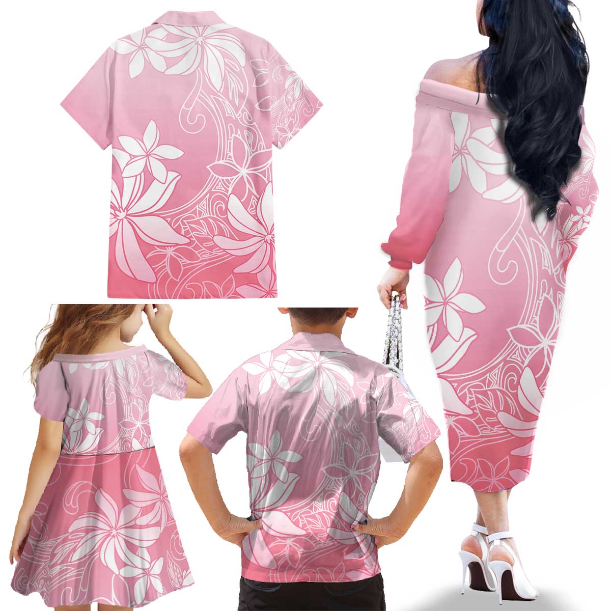 Tiare Tahiti Family Matching Off The Shoulder Long Sleeve Dress and Hawaiian Shirt Pink Polynesia Motifs - Polynesian Pride