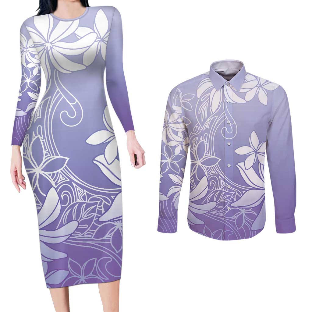 Tiare Tahiti Couples Matching Long Sleeve Bodycon Dress and Long Sleeve Button Shirt Purple Polynesia Motifs - Polynesian Pride