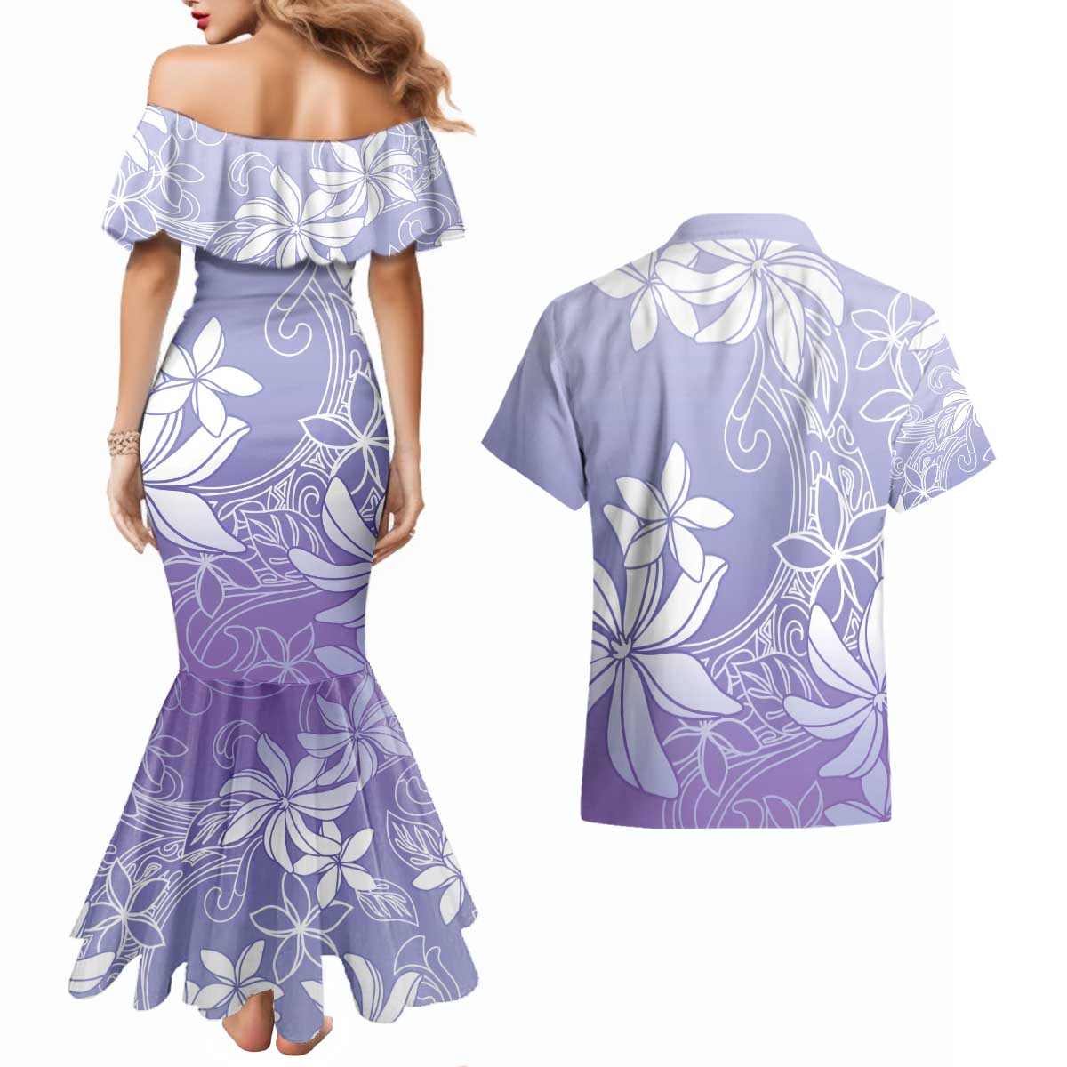 Tiare Tahiti Couples Matching Mermaid Dress and Hawaiian Shirt Purple Polynesia Motifs - Polynesian Pride