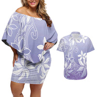 Tiare Tahiti Couples Matching Off Shoulder Short Dress and Hawaiian Shirt Purple Polynesia Motifs - Polynesian Pride