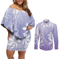 Tiare Tahiti Couples Matching Off Shoulder Short Dress and Long Sleeve Button Shirt Purple Polynesia Motifs - Polynesian Pride