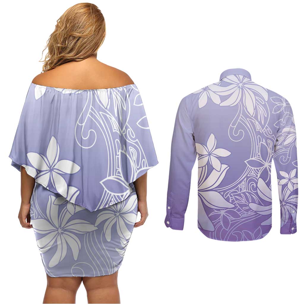 Tiare Tahiti Couples Matching Off Shoulder Short Dress and Long Sleeve Button Shirt Purple Polynesia Motifs - Polynesian Pride