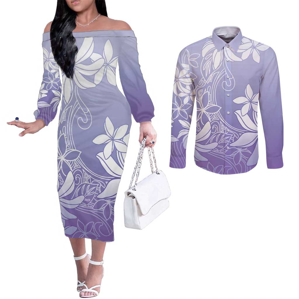 Tiare Tahiti Couples Matching Off The Shoulder Long Sleeve Dress and Long Sleeve Button Shirt Purple Polynesia Motifs - Polynesian Pride