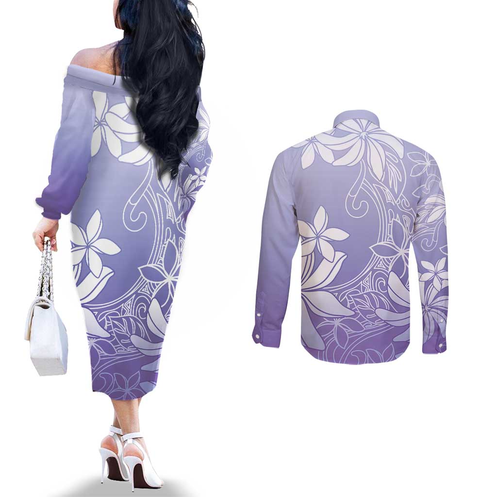 Tiare Tahiti Couples Matching Off The Shoulder Long Sleeve Dress and Long Sleeve Button Shirt Purple Polynesia Motifs - Polynesian Pride