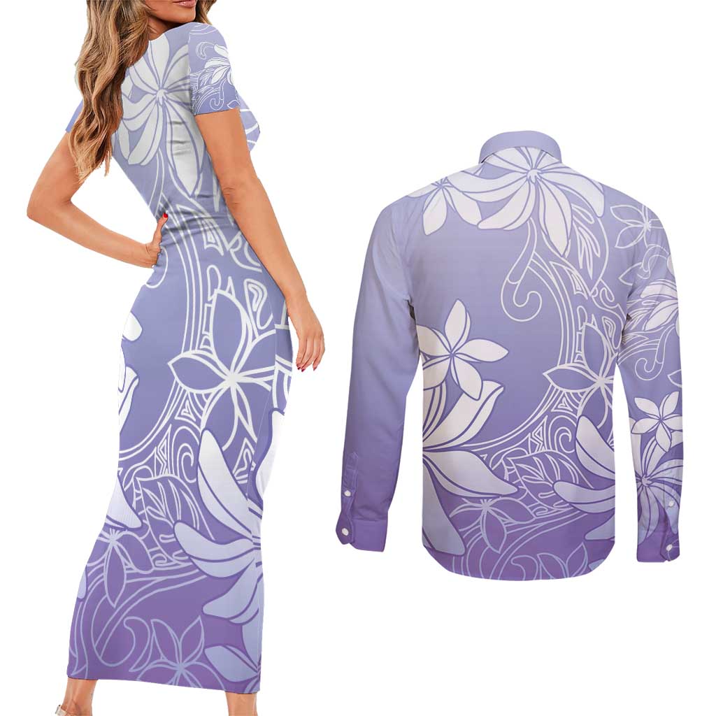 Tiare Tahiti Couples Matching Short Sleeve Bodycon Dress and Long Sleeve Button Shirt Purple Polynesia Motifs - Polynesian Pride