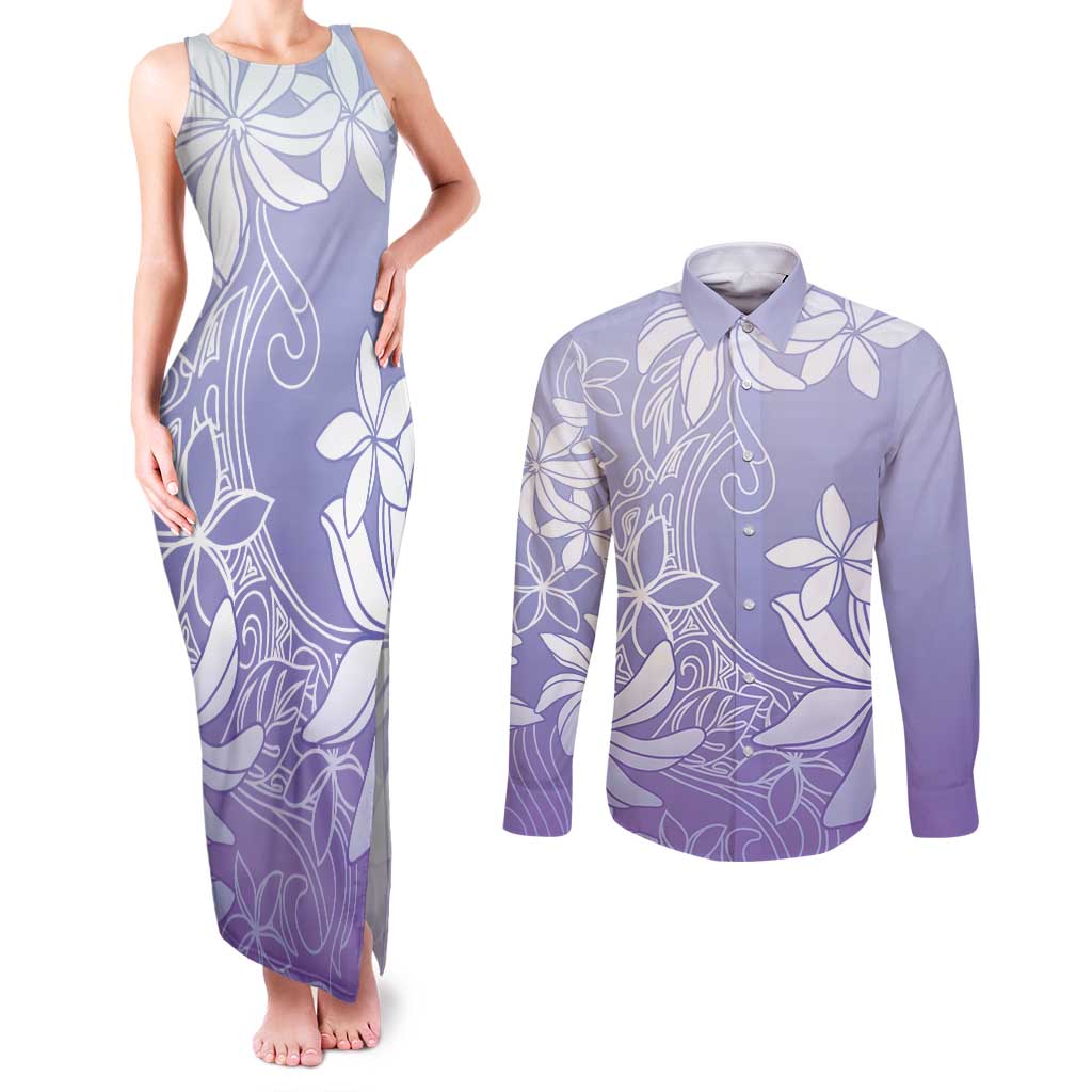 Tiare Tahiti Couples Matching Tank Maxi Dress and Long Sleeve Button Shirt Purple Polynesia Motifs - Polynesian Pride