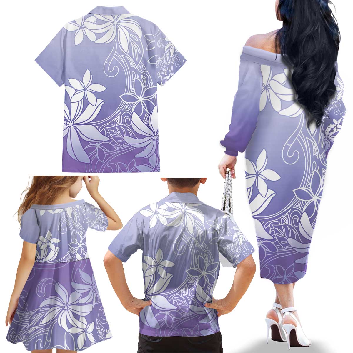 Tiare Tahiti Family Matching Off The Shoulder Long Sleeve Dress and Hawaiian Shirt Purple Polynesia Motifs - Polynesian Pride