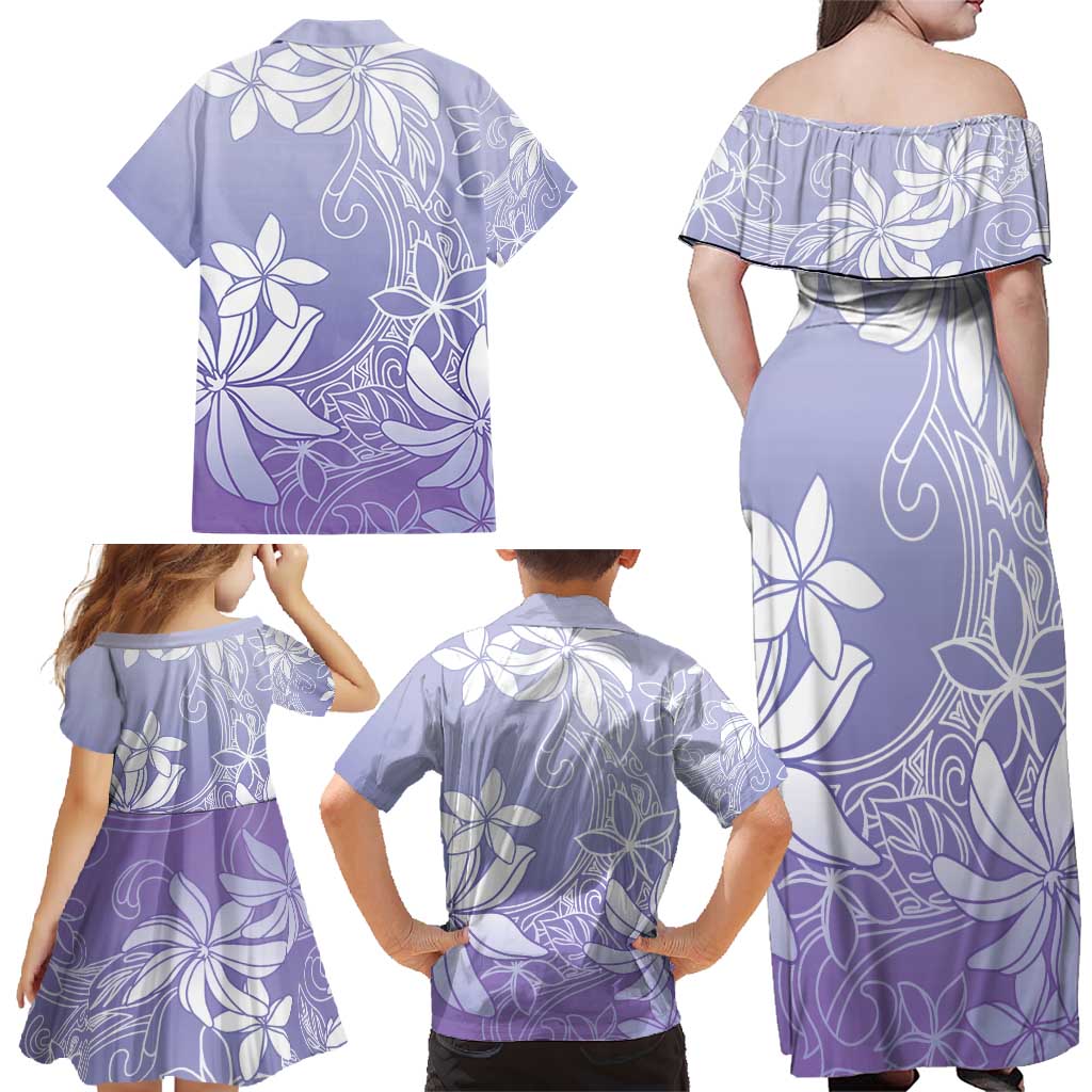 Tiare Tahiti Family Matching Off Shoulder Maxi Dress and Hawaiian Shirt Purple Polynesia Motifs - Polynesian Pride