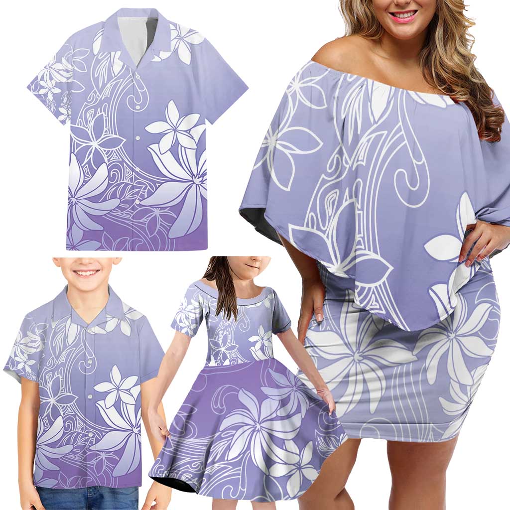 Tiare Tahiti Family Matching Off Shoulder Short Dress and Hawaiian Shirt Purple Polynesia Motifs - Polynesian Pride