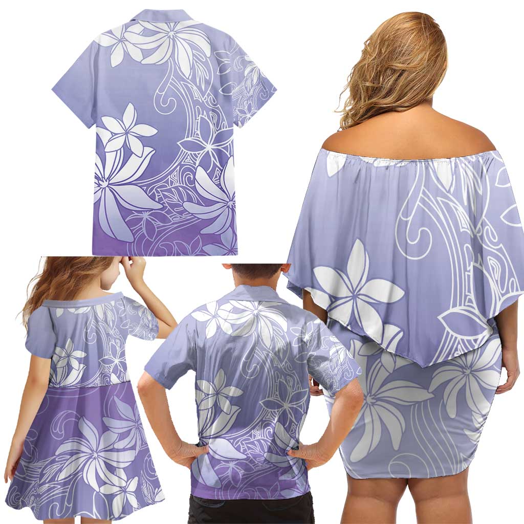 Tiare Tahiti Family Matching Off Shoulder Short Dress and Hawaiian Shirt Purple Polynesia Motifs - Polynesian Pride