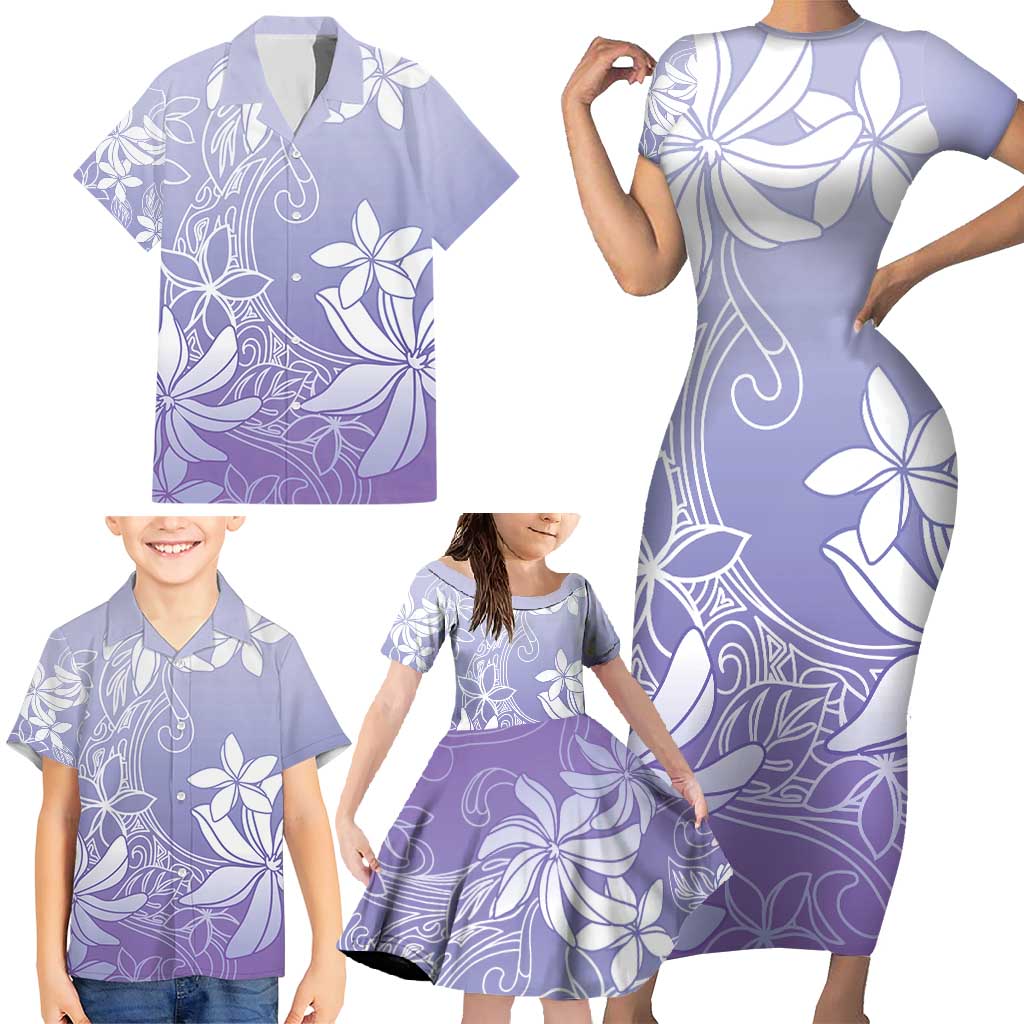 Tiare Tahiti Family Matching Short Sleeve Bodycon Dress and Hawaiian Shirt Purple Polynesia Motifs - Polynesian Pride