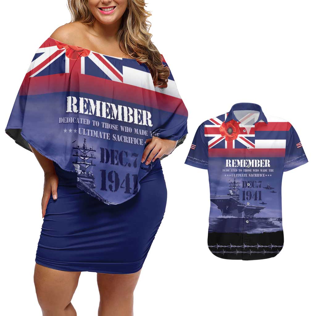 Hawaii Pearl Harbor Remembrance Day Couples Matching Off Shoulder Short Dress and Hawaiian Shirt Flag Style