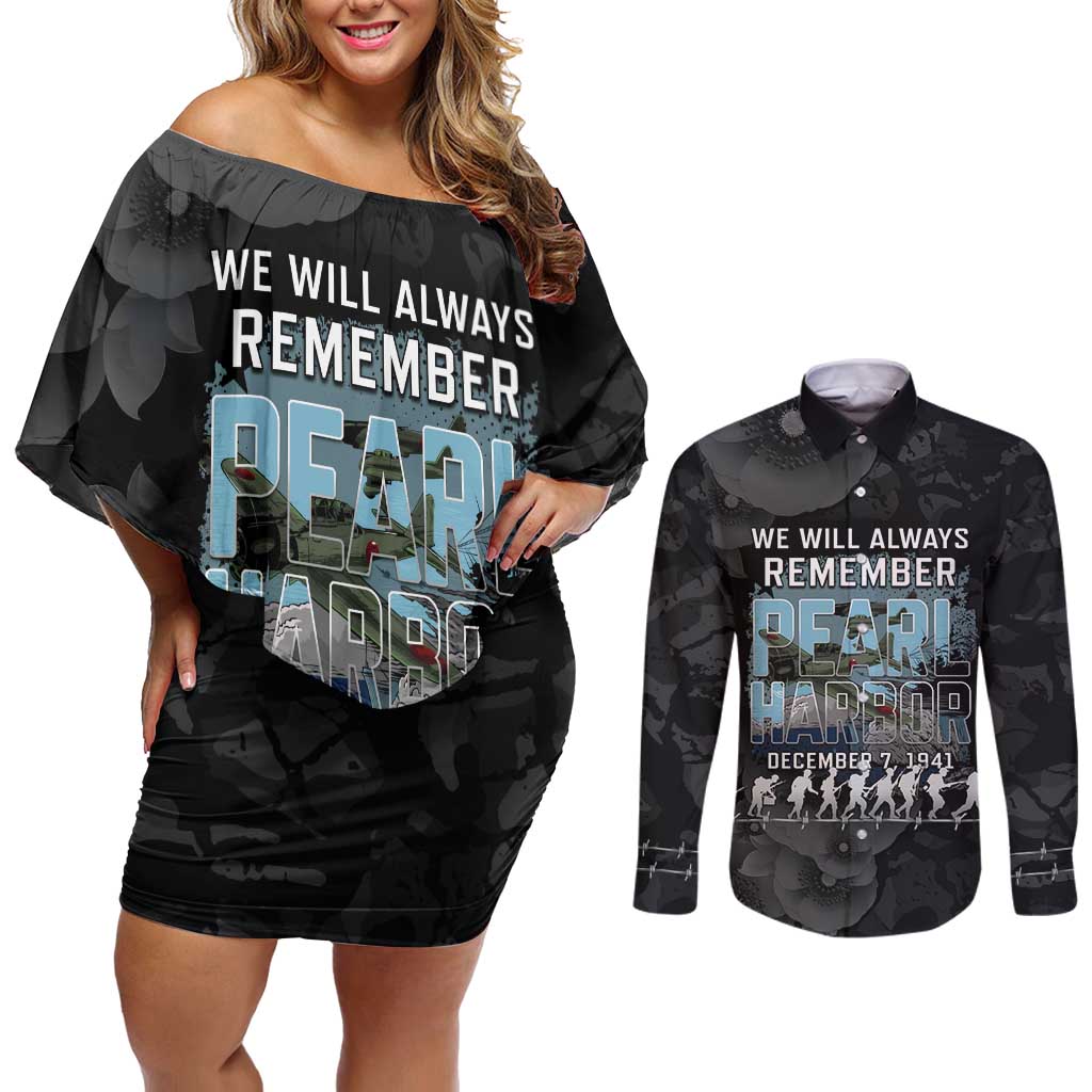Personalized Pearl Harbor Remembrance Day Couples Matching Off Shoulder Short Dress and Long Sleeve Button Shirt We Will Always Remember