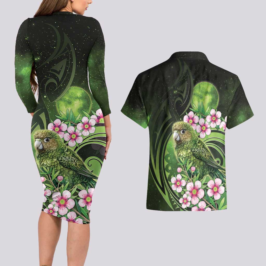 New Zealand Aotearoa Kakapo Couples Matching Long Sleeve Bodycon Dress and Hawaiian Shirt Maori Pattern With Manuka Galaxy Style - Polynesian Pride