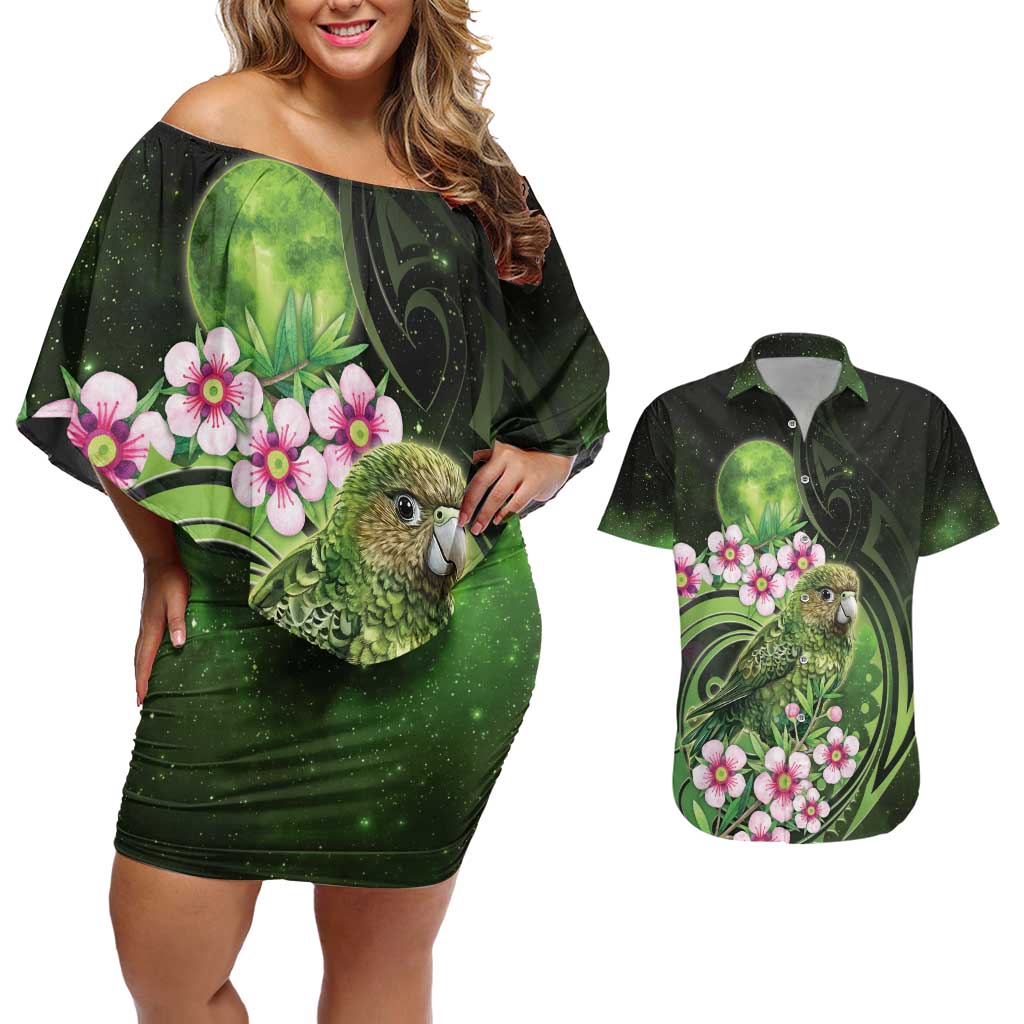 New Zealand Aotearoa Kakapo Couples Matching Off Shoulder Short Dress and Hawaiian Shirt Maori Pattern With Manuka Galaxy Style - Polynesian Pride