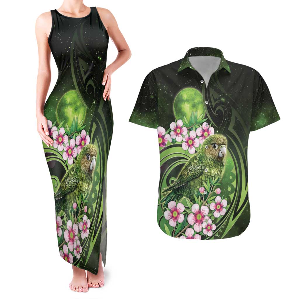New Zealand Aotearoa Kakapo Couples Matching Tank Maxi Dress and Hawaiian Shirt Maori Pattern With Manuka Galaxy Style - Polynesian Pride