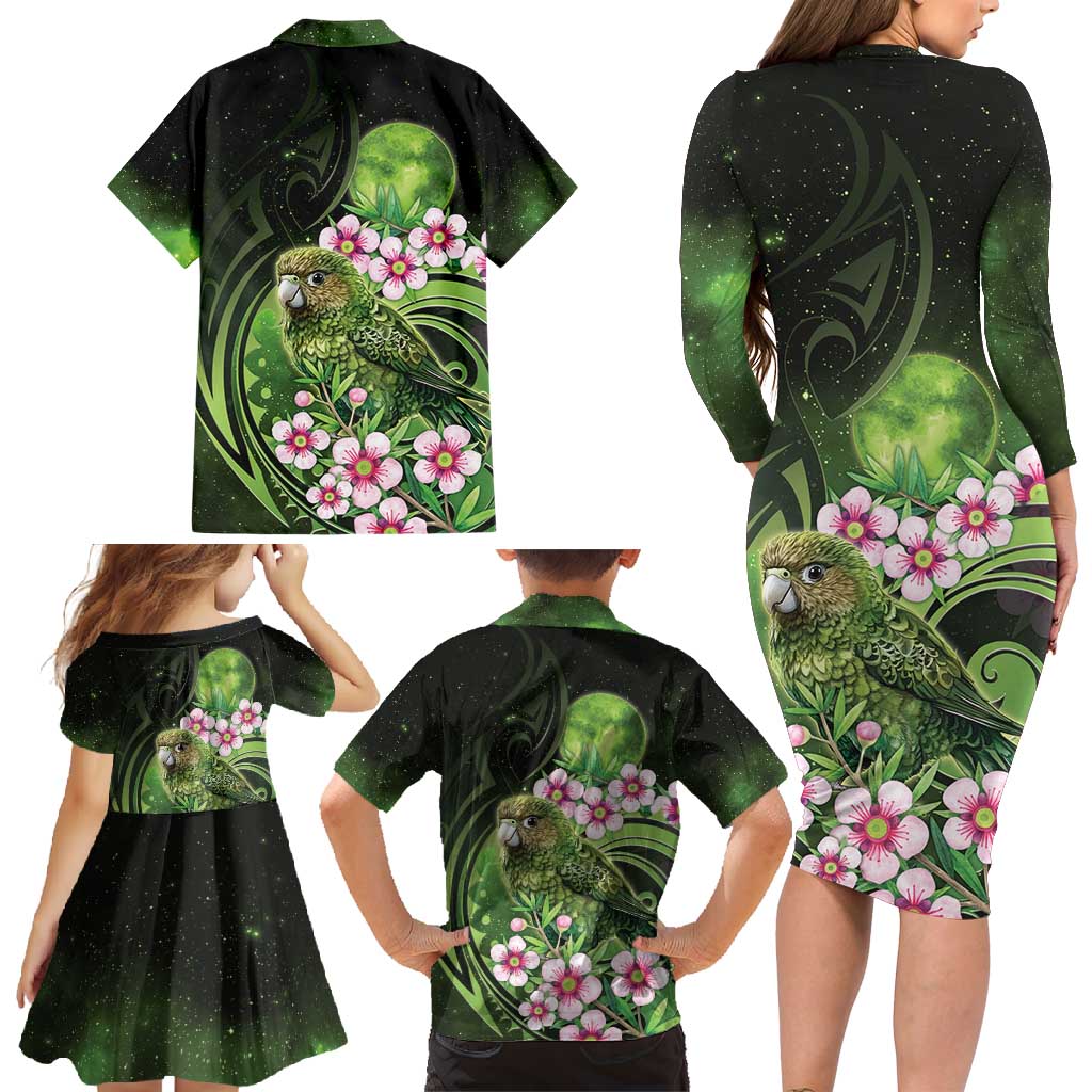 New Zealand Aotearoa Kakapo Family Matching Long Sleeve Bodycon Dress and Hawaiian Shirt Maori Pattern With Manuka Galaxy Style - Polynesian Pride