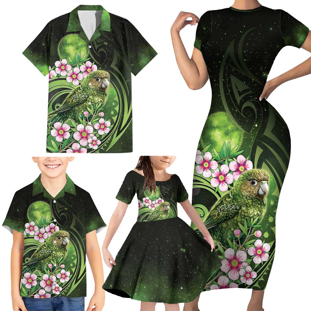 New Zealand Aotearoa Kakapo Family Matching Short Sleeve Bodycon Dress and Hawaiian Shirt Maori Pattern With Manuka Galaxy Style - Polynesian Pride