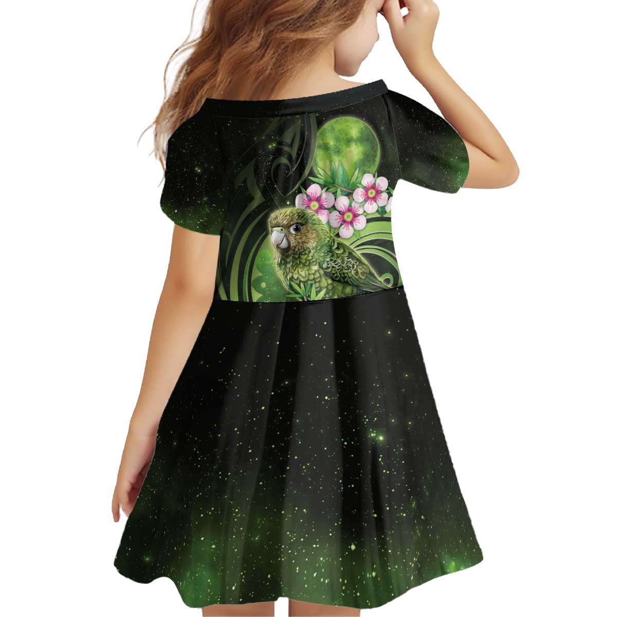 New Zealand Aotearoa Kakapo Kid Short Sleeve Dress Maori Pattern With Manuka Galaxy Style - Polynesian Pride