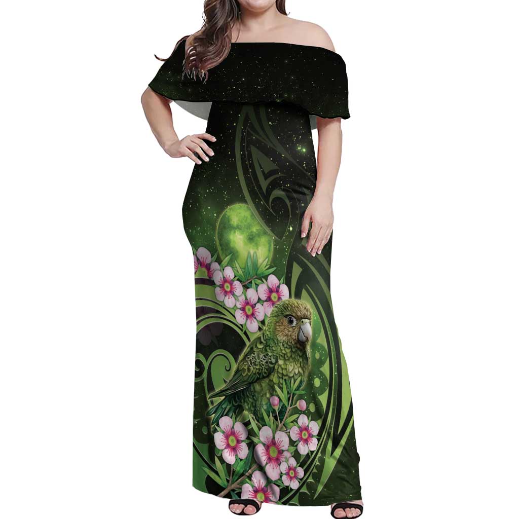 New Zealand Aotearoa Kakapo Off Shoulder Maxi Dress Maori Pattern With Manuka Galaxy Style - Polynesian Pride
