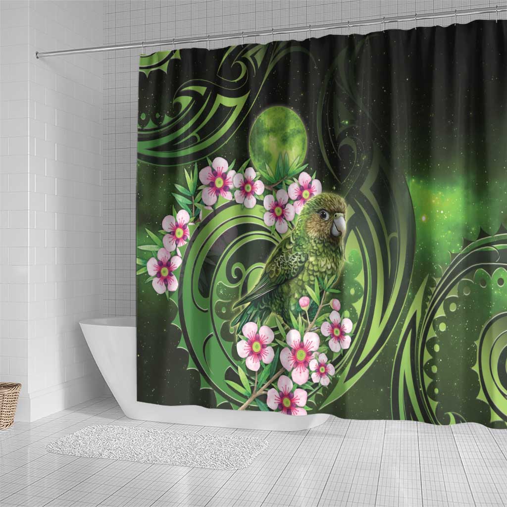 New Zealand Aotearoa Kakapo Shower Curtain Maori Pattern With Manuka Galaxy Style - Polynesian Pride