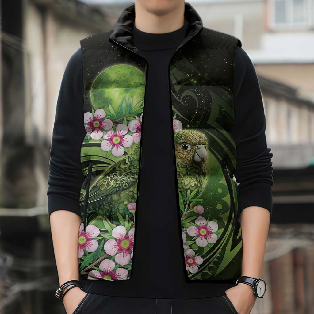New Zealand Aotearoa Kakapo Sleeveless Puffer Jacket Maori Pattern With Manuka Galaxy Style - Polynesian Pride