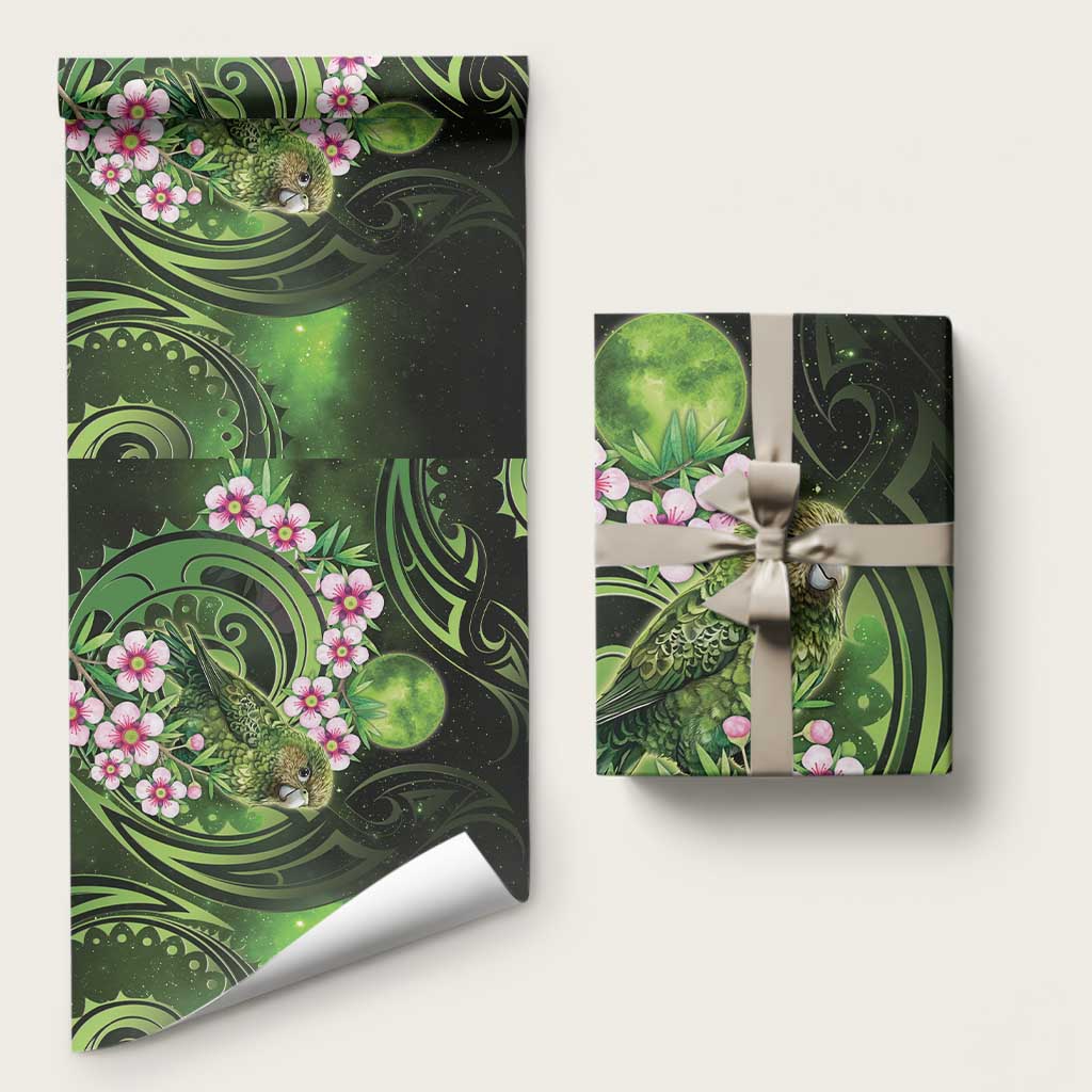 New Zealand Aotearoa Kakapo Wrapping Paper Maori Pattern With Manuka Galaxy Style LT05 58" × 23" Green - Polynesian Pride