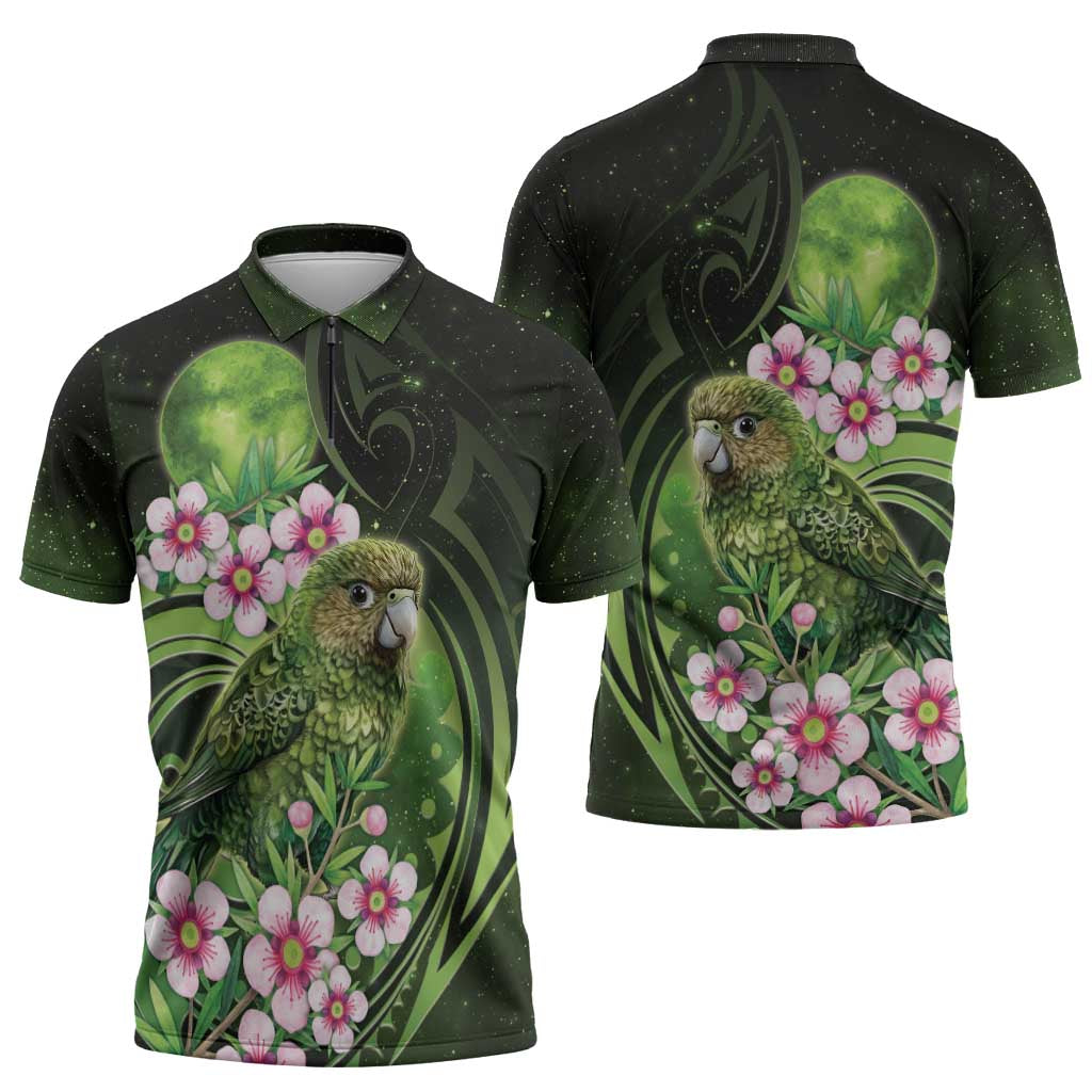 New Zealand Aotearoa Kakapo Zipper Polo Shirt Maori Pattern With Manuka Galaxy Style LT05 - Polynesian Pride