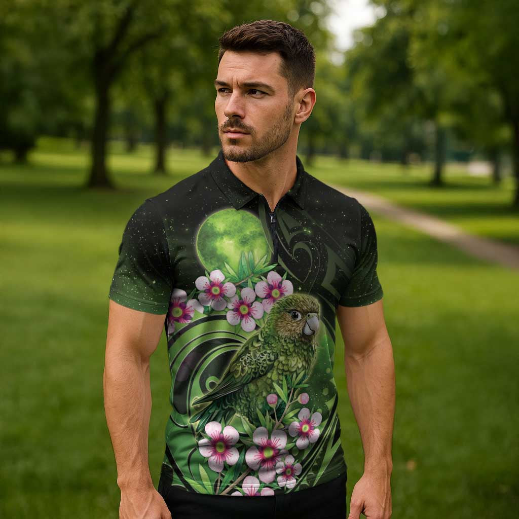 New Zealand Aotearoa Kakapo Zipper Polo Shirt Maori Pattern With Manuka Galaxy Style LT05 - Polynesian Pride
