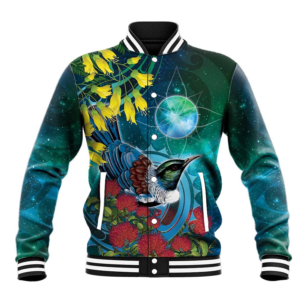 New Zealand Tui Bird Baseball Jacket Maori Koru With Pohutukawa Galaxy Style LT05 Unisex Blue - Polynesian Pride