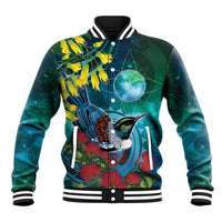 New Zealand Tui Bird Baseball Jacket Maori Koru With Pohutukawa Galaxy Style LT05 Unisex Blue - Polynesian Pride