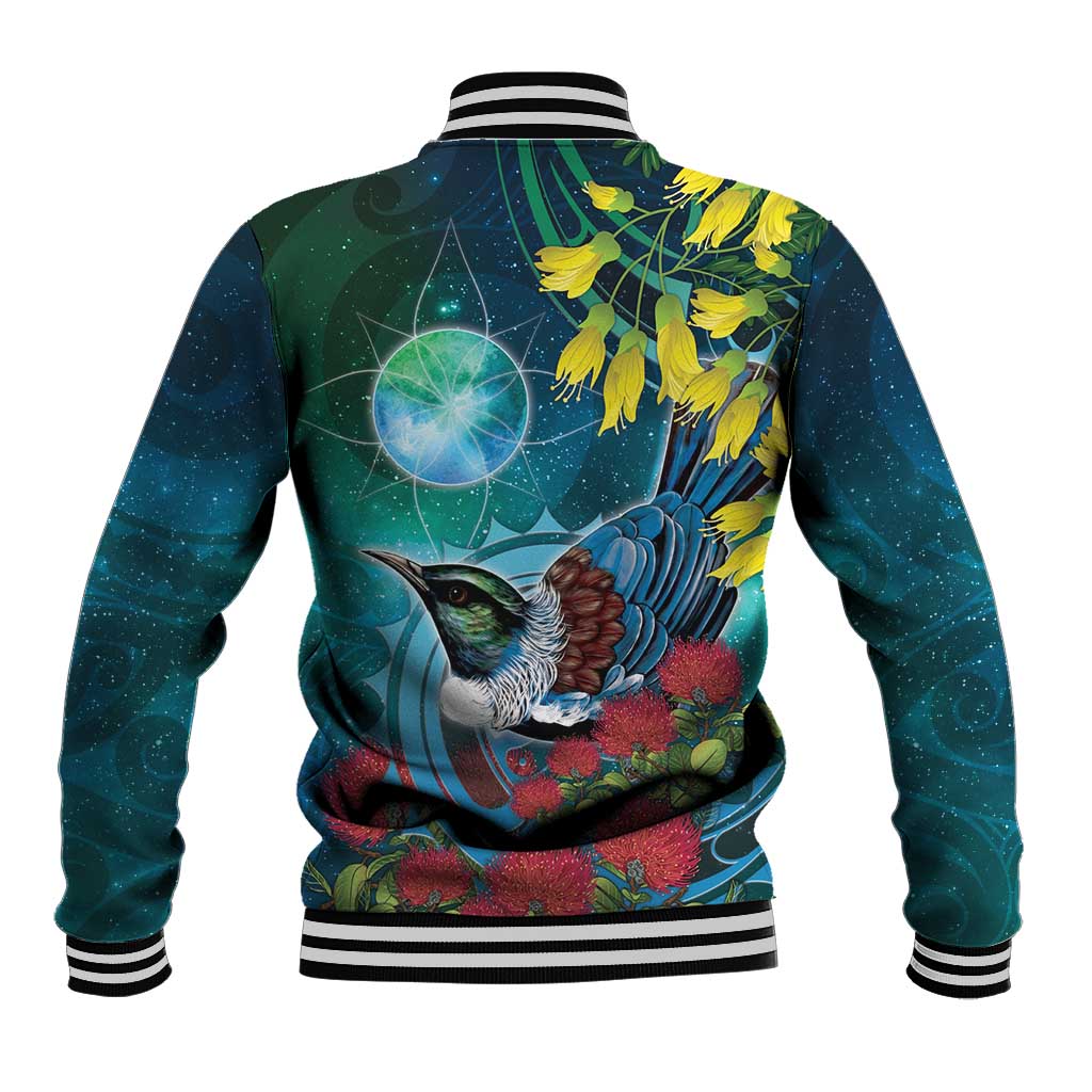 New Zealand Tui Bird Baseball Jacket Maori Koru With Pohutukawa Galaxy Style LT05 - Polynesian Pride