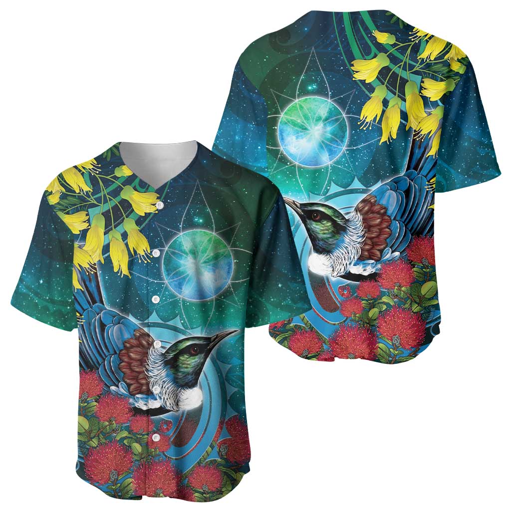 New Zealand Tui Bird Baseball Jersey Maori Koru With Pohutukawa Galaxy Style LT05 - Polynesian Pride