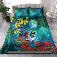 New Zealand Tui Bird Bedding Set Maori Koru With Pohutukawa Galaxy Style - Polynesian Pride