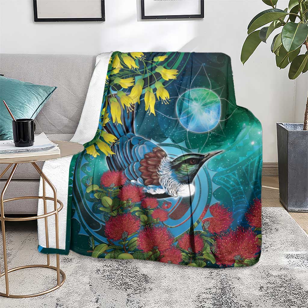 New Zealand Tui Bird Blanket Maori Koru With Pohutukawa Galaxy Style - Polynesian Pride