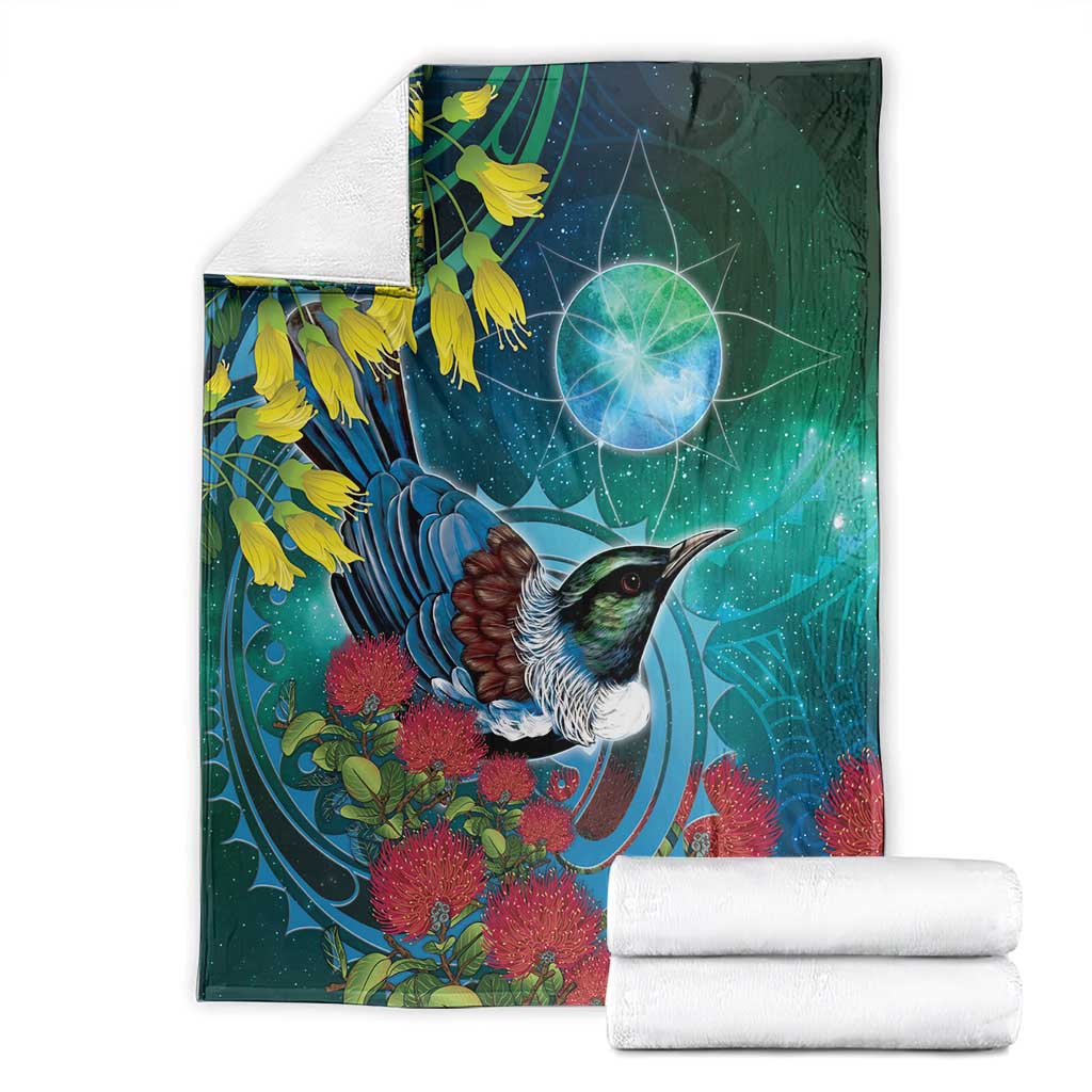 New Zealand Tui Bird Blanket Maori Koru With Pohutukawa Galaxy Style - Polynesian Pride
