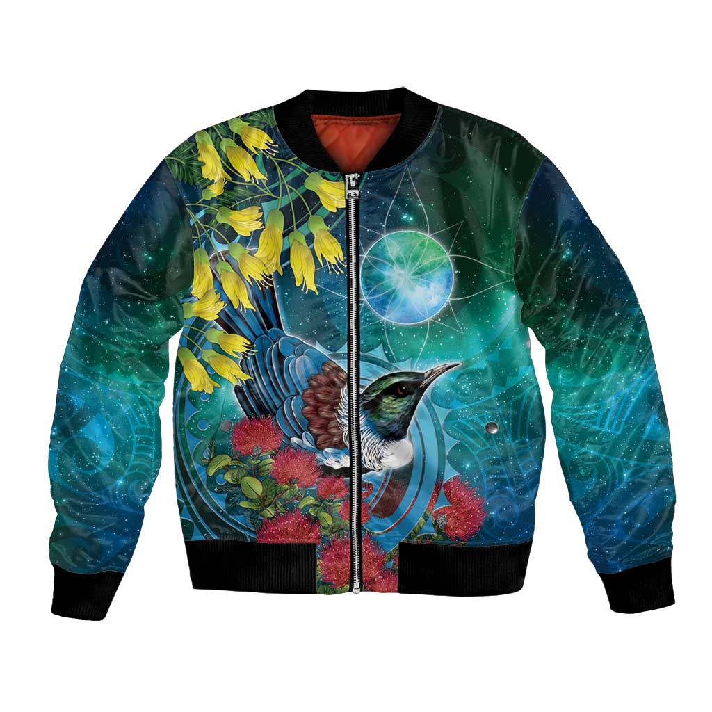 New Zealand Tui Bird Bomber Jacket Maori Koru With Pohutukawa Galaxy Style LT05 Unisex Blue - Polynesian Pride