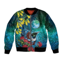 New Zealand Tui Bird Bomber Jacket Maori Koru With Pohutukawa Galaxy Style LT05 Unisex Blue - Polynesian Pride