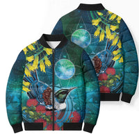 New Zealand Tui Bird Bomber Puffer Jacket Maori Koru With Pohutukawa Galaxy Style - Polynesian Pride