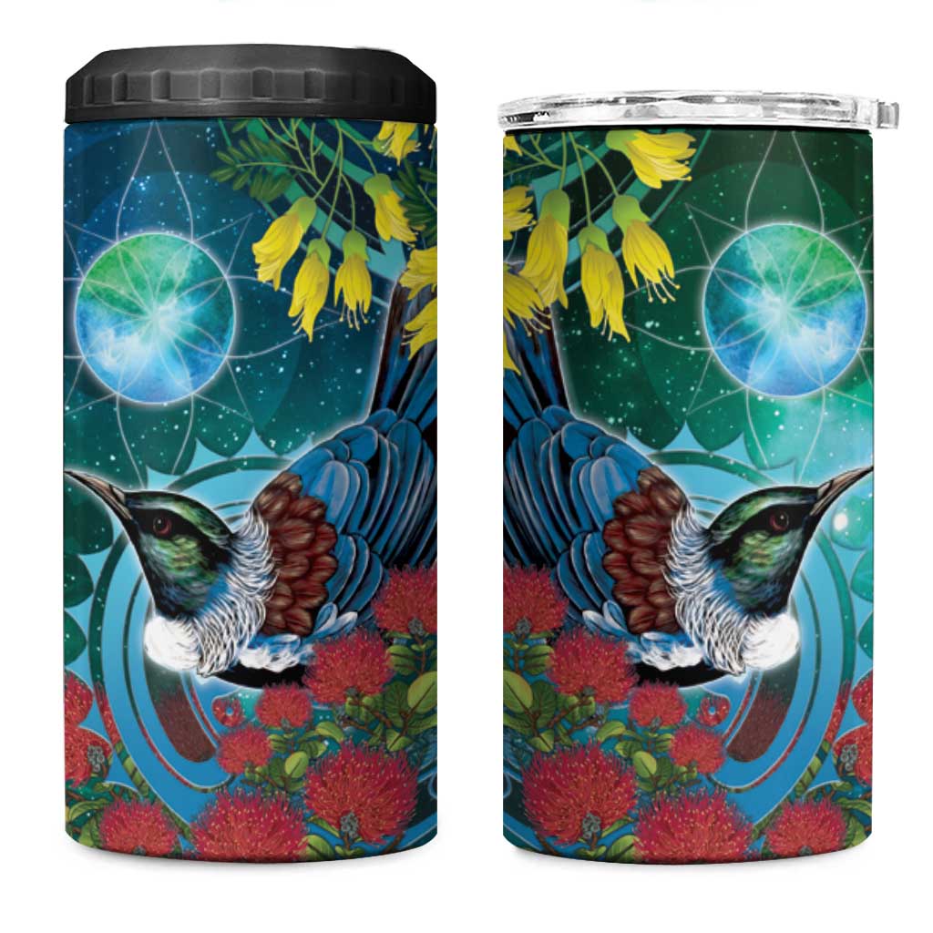 New Zealand Tui Bird 4 in 1 Can Cooler Tumbler Maori Koru With Pohutukawa Galaxy Style - Polynesian Pride