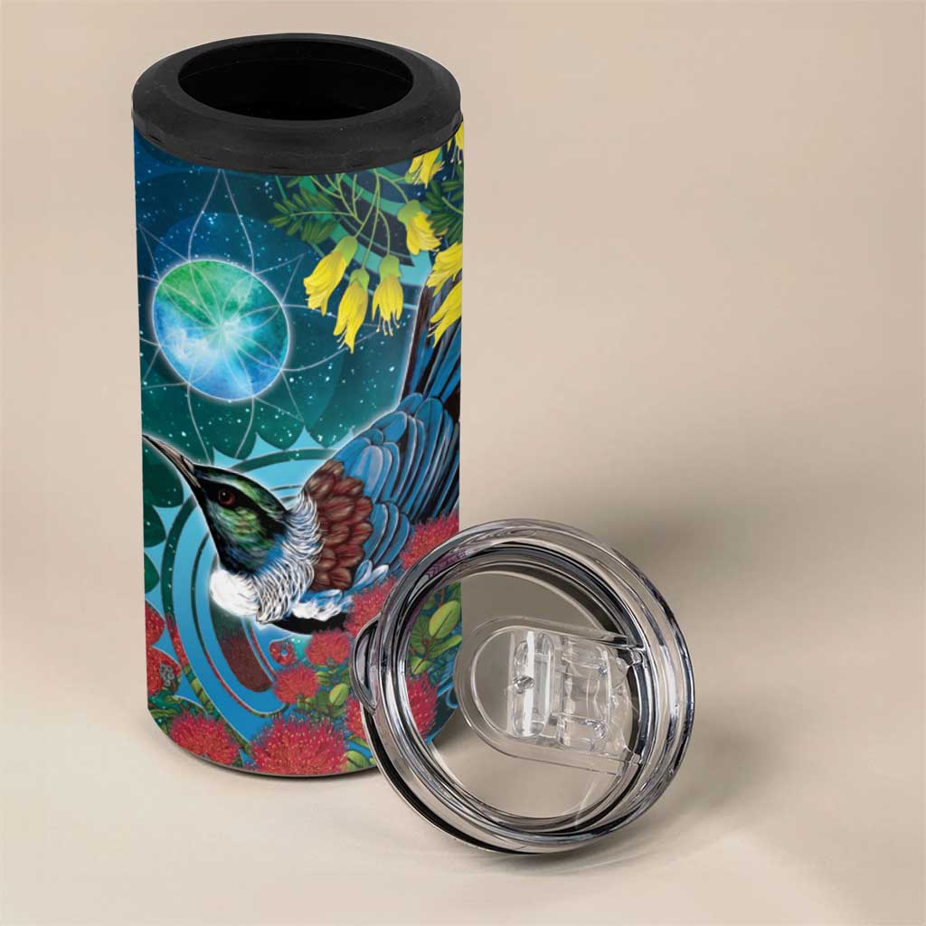 New Zealand Tui Bird 4 in 1 Can Cooler Tumbler Maori Koru With Pohutukawa Galaxy Style - Polynesian Pride