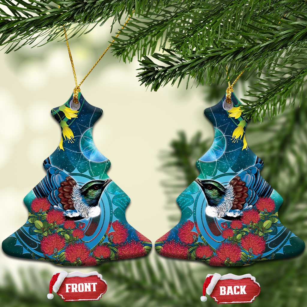 New Zealand Tui Bird Ceramic Ornament Maori Koru With Pohutukawa Galaxy Style - Polynesian Pride