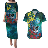 New Zealand Tui Bird Couples Matching Puletasi and Hawaiian Shirt Maori Koru With Pohutukawa Galaxy Style - Polynesian Pride