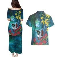 New Zealand Tui Bird Couples Matching Puletasi and Hawaiian Shirt Maori Koru With Pohutukawa Galaxy Style - Polynesian Pride