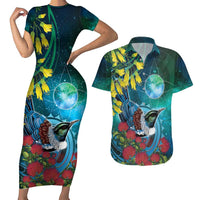 New Zealand Tui Bird Couples Matching Short Sleeve Bodycon Dress and Hawaiian Shirt Maori Koru With Pohutukawa Galaxy Style - Polynesian Pride