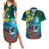 New Zealand Tui Bird Couples Matching Summer Maxi Dress and Hawaiian Shirt Maori Koru With Pohutukawa Galaxy Style - Polynesian Pride