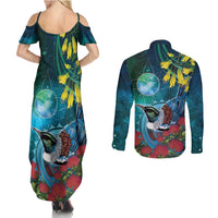 New Zealand Tui Bird Couples Matching Summer Maxi Dress and Long Sleeve Button Shirt Maori Koru With Pohutukawa Galaxy Style - Polynesian Pride