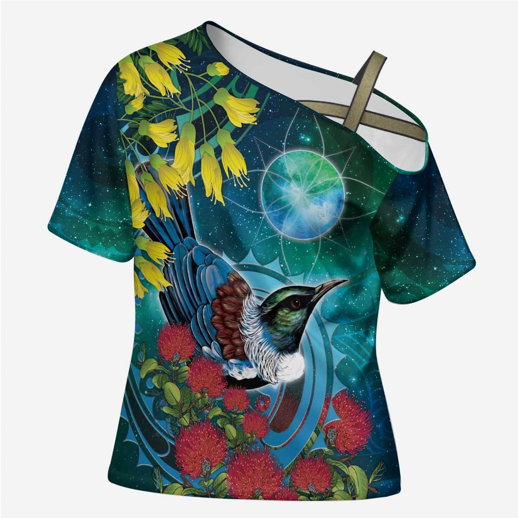 New Zealand Tui Bird Cross Shoulder Shirt Maori Koru With Pohutukawa Galaxy Style - Polynesian Pride