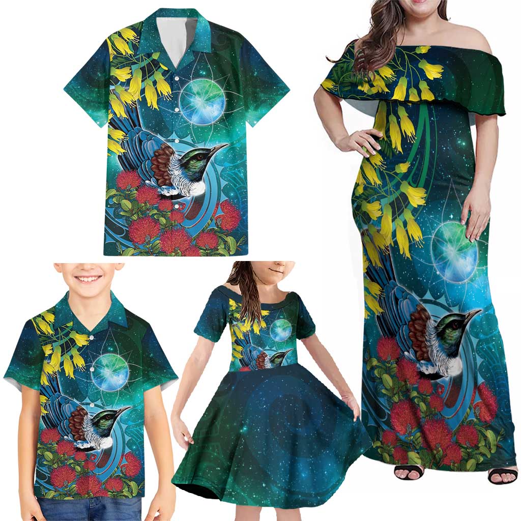 New Zealand Tui Bird Family Matching Off Shoulder Maxi Dress and Hawaiian Shirt Maori Koru With Pohutukawa Galaxy Style - Polynesian Pride