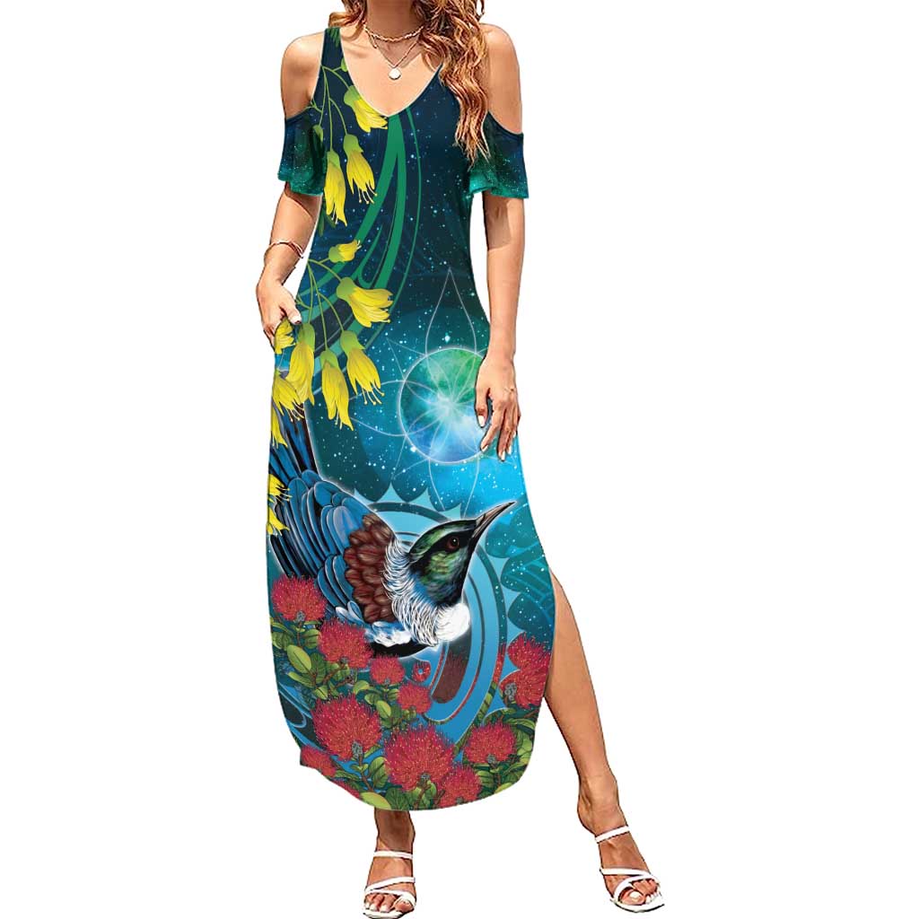 New Zealand Tui Bird Family Matching Summer Maxi Dress and Hawaiian Shirt Maori Koru With Pohutukawa Galaxy Style - Polynesian Pride